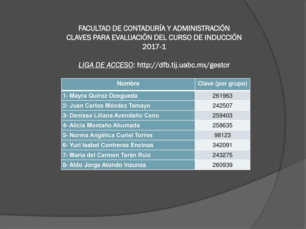 FACULTAD DE CONTADURÍA Y ADMINISTRACIÓN CLAVES PARA EVALUACIÓN DEL CURSO DE INDUCCIÓN LIGA DE ACCESO: