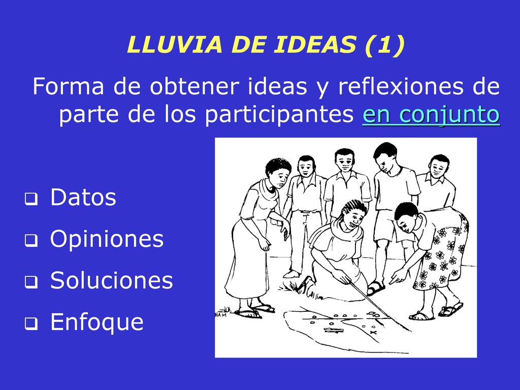 LLUVIA DE IDEAS (1) Forma de obtener ideas y reflexiones de parte de los participantes en conjunto.