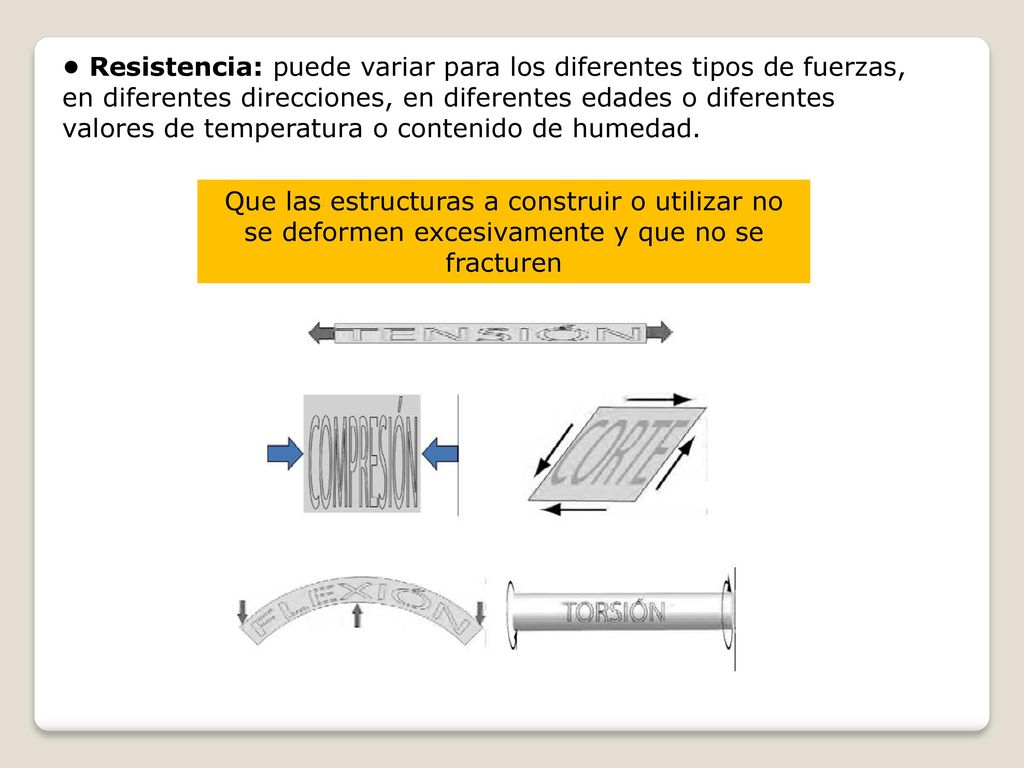 • Resistencia: puede variar para los diferentes tipos de fuerzas, en diferentes direcciones, en diferentes edades o diferentes valores de temperatura o contenido de humedad.