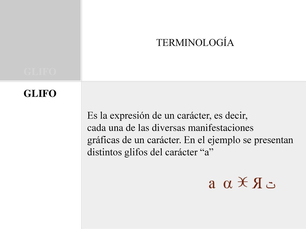TERMINOLOGÍA GLIFO. GLIFO. Es la expresión de un carácter, es decir, cada una de las diversas manifestaciones.