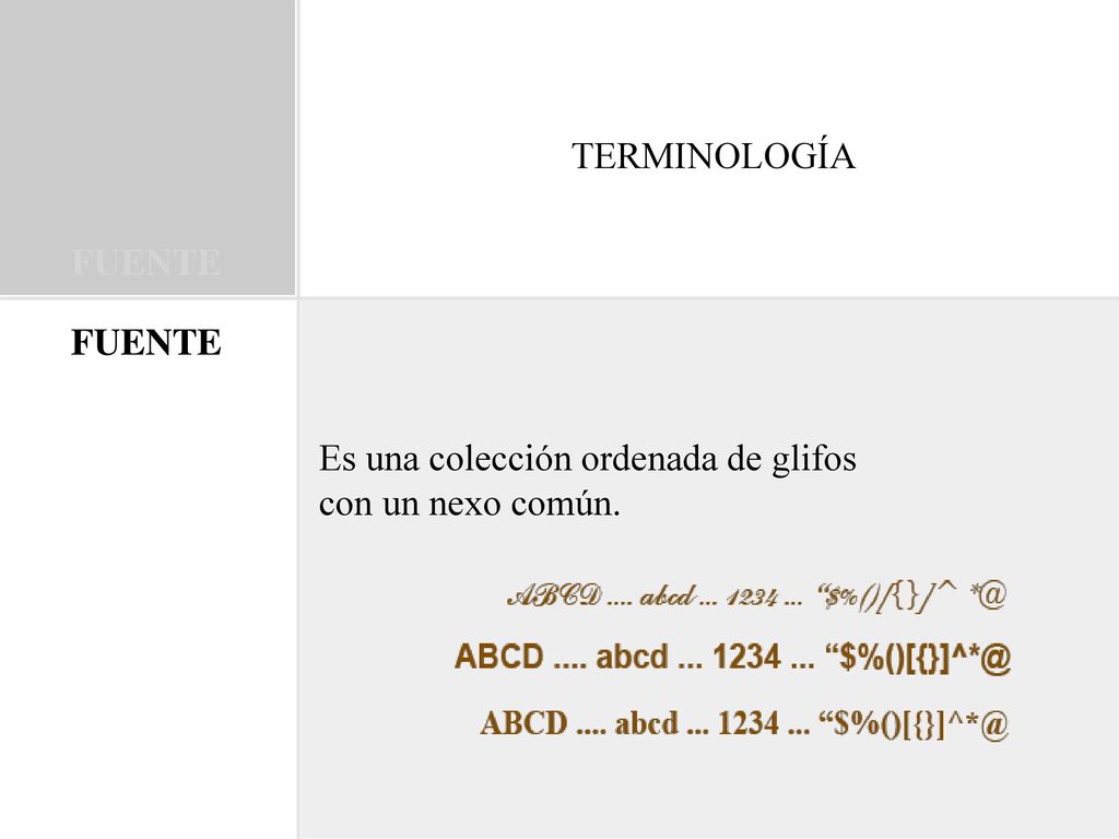 TERMINOLOGÍA FUENTE FUENTE Es una colección ordenada de glifos con un nexo común.