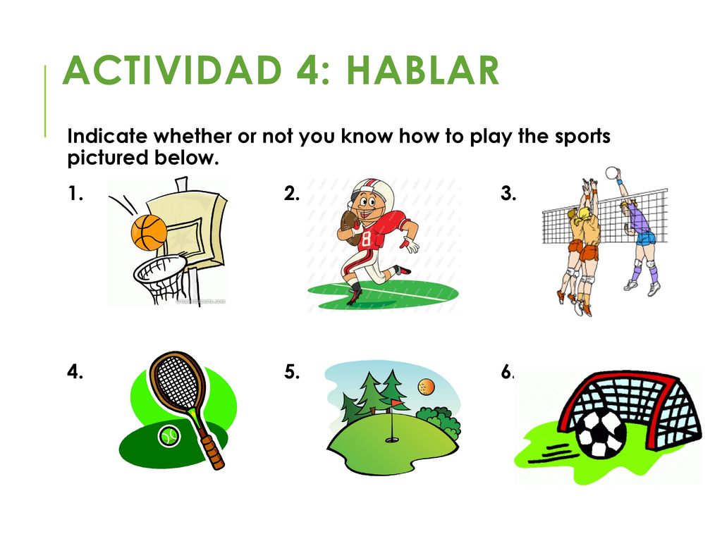 Actividad 4: HABLAR Indicate whether or not you know how to play the sports pictured below.