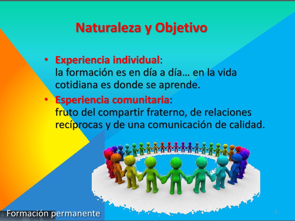 Naturaleza y Objetivo Experiencia individual: la formación es en día a día… en la vida cotidiana es donde se aprende.
