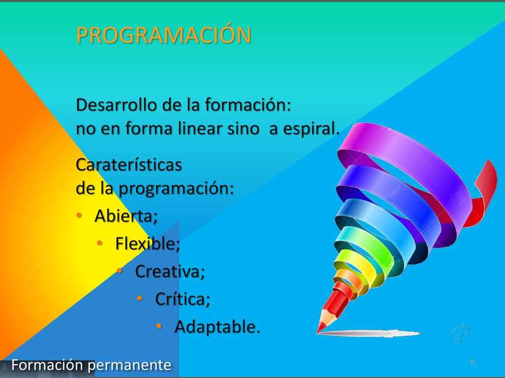 PROGRAMACIÓN Desarrollo de la formación: no en forma linear sino a espiral. Caraterísticas de la programación: