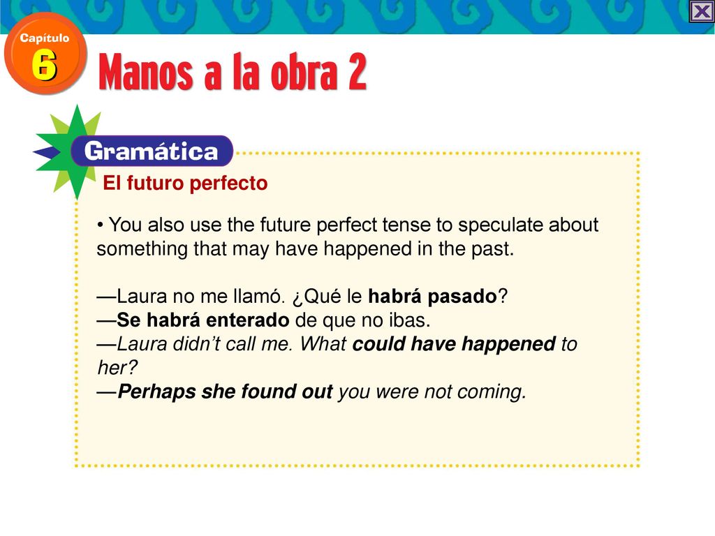 El futuro perfecto • You also use the future perfect tense to speculate about something that may have happened in the past.
