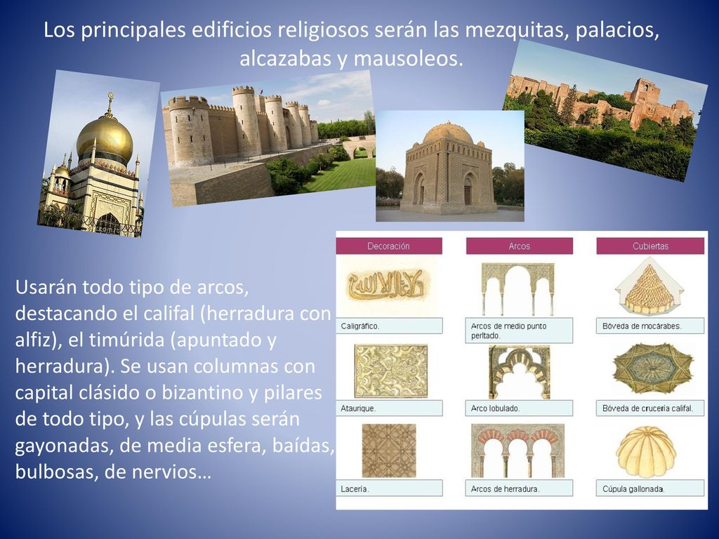 Los principales edificios religiosos serán las mezquitas, palacios, alcazabas y mausoleos.