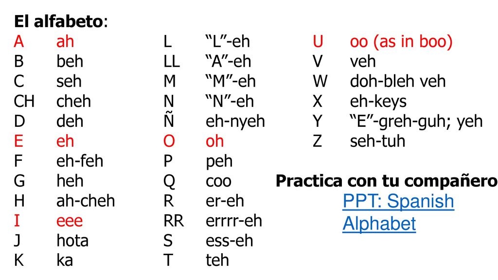 PPT: Spanish Alphabet El alfabeto: A ah L L -eh U oo (as in boo)