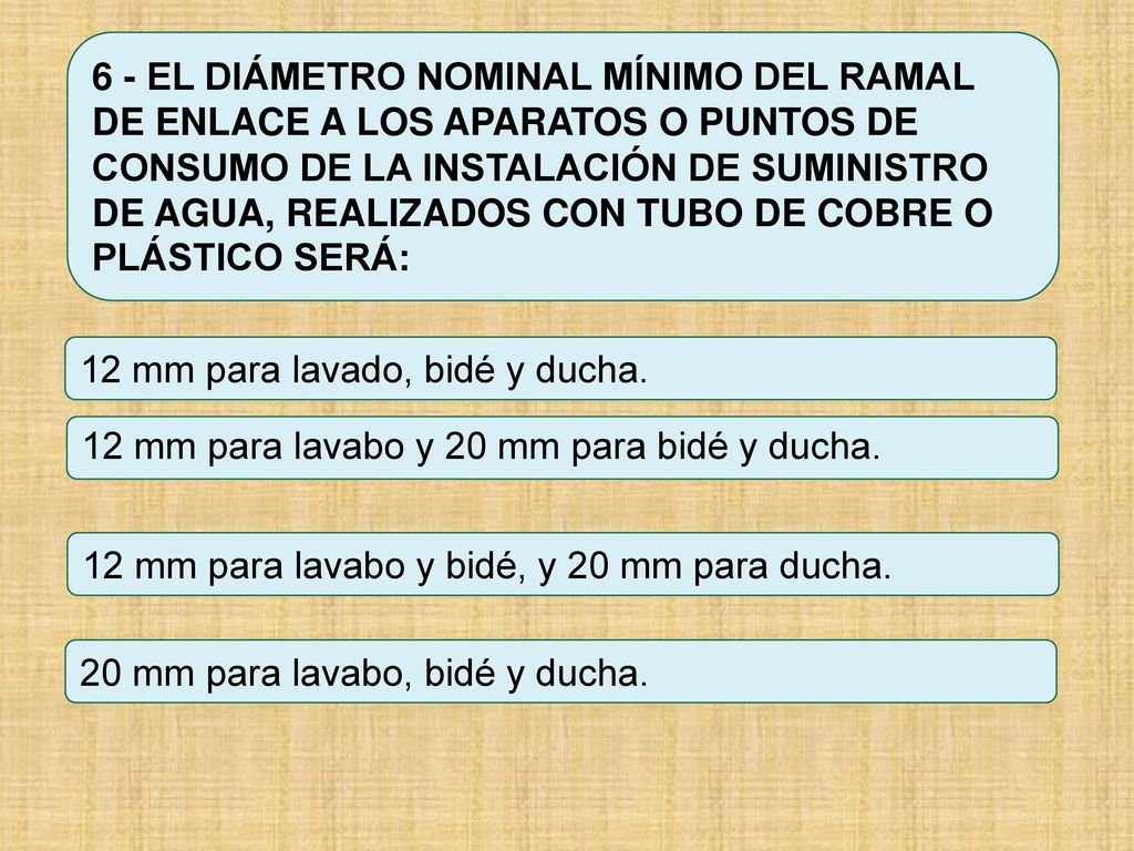 6 - EL DIÁMETRO NOMINAL MÍNIMO DEL RAMAL DE ENLACE A LOS APARATOS O PUNTOS DE CONSUMO DE LA INSTALACIÓN DE SUMINISTRO DE AGUA, REALIZADOS CON TUBO DE COBRE O PLÁSTICO SERÁ:
