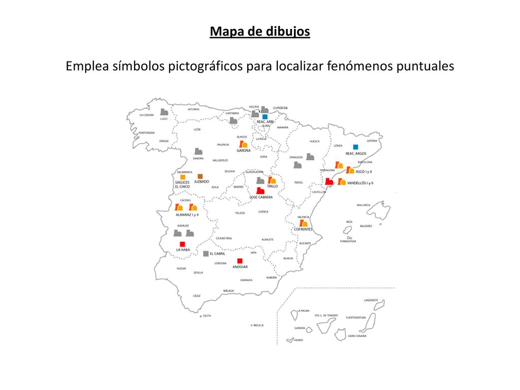 Mapa de dibujos Emplea símbolos pictográficos para localizar fenómenos puntuales