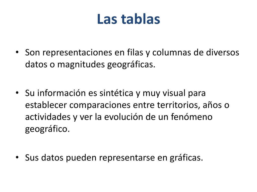 Las tablas Son representaciones en filas y columnas de diversos datos o magnitudes geográficas.