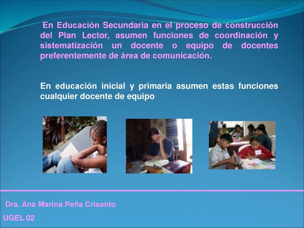 En Educación Secundaria en el proceso de construcción del Plan Lector, asumen funciones de coordinación y sistematización un docente o equipo de docentes preferentemente de área de comunicación.