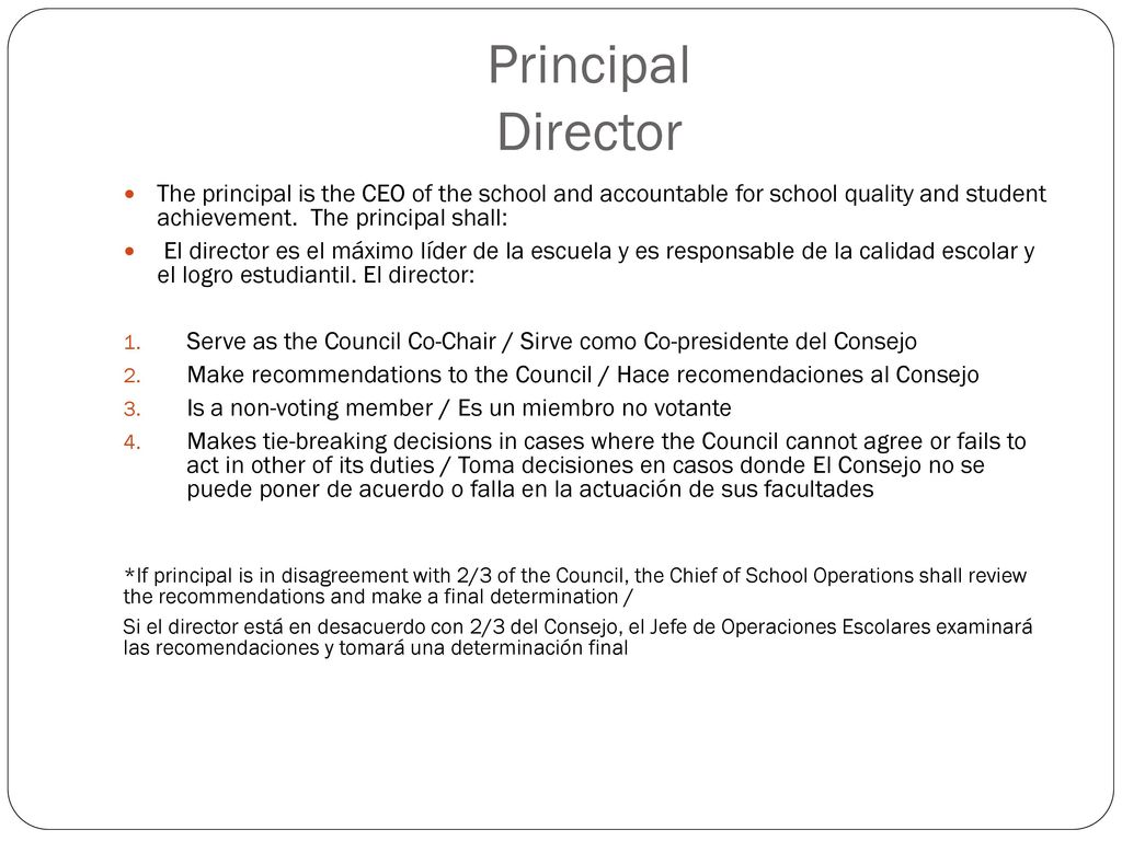 Principal Director The principal is the CEO of the school and accountable for school quality and student achievement. The principal shall: