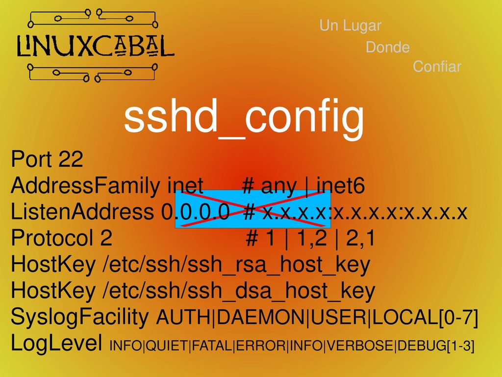 sshd_config Port 22 AddressFamily inet # any | inet6