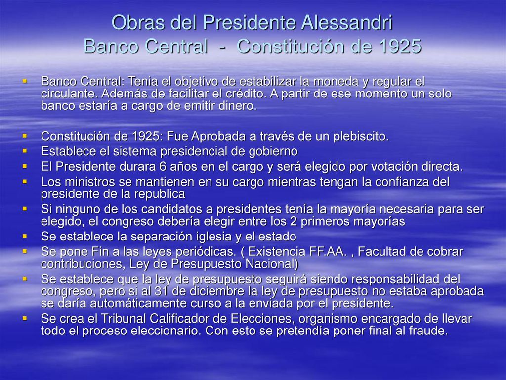 Obras del Presidente Alessandri Banco Central - Constitución de 1925