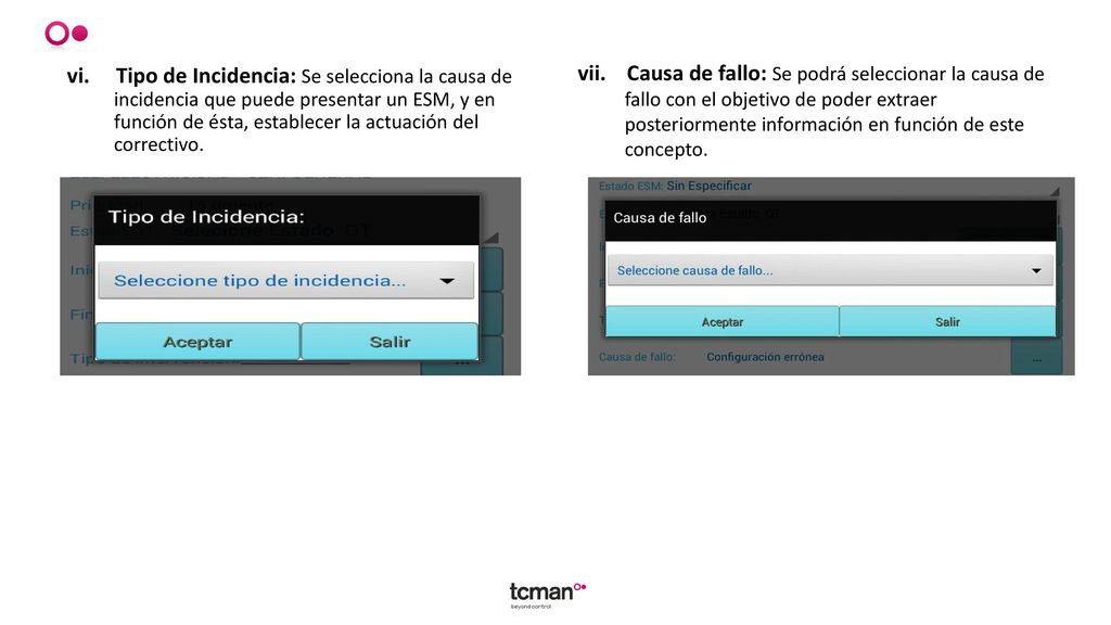 vi. Tipo de Incidencia: Se selecciona la causa de incidencia que puede presentar un ESM, y en función de ésta, establecer la actuación del correctivo.