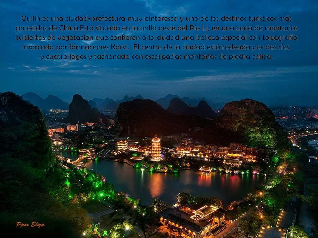 Guilin es una ciudad-prefectura muy pintoresca y uno de los destinos turísticos más conocidos de China.Está situada en la orilla oeste del Río Li, en una zona de montañas cubiertas de vegetación que confieren a la ciudad una belleza especial con topografía marcada por formaciones Karst.