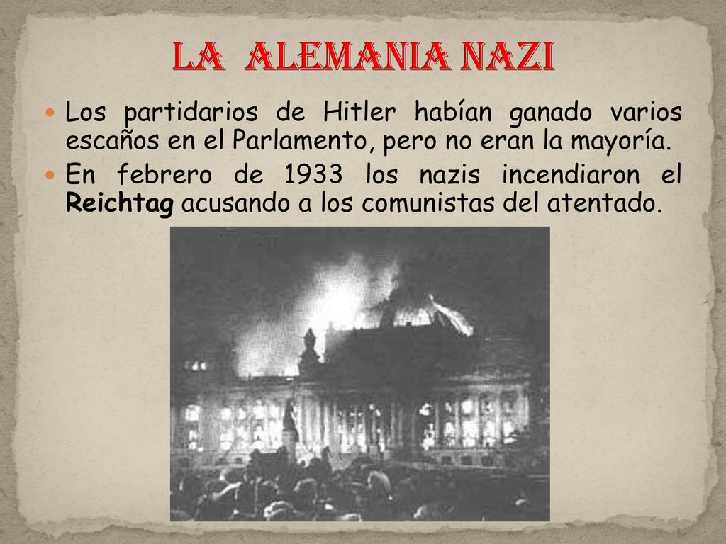 La Alemania Nazi Los partidarios de Hitler habían ganado varios escaños en el Parlamento, pero no eran la mayoría.