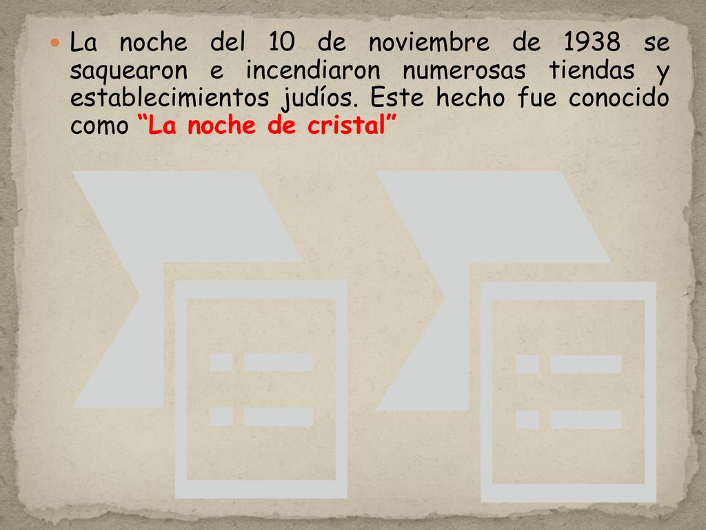 La noche del 10 de noviembre de 1938 se saquearon e incendiaron numerosas tiendas y establecimientos judíos.