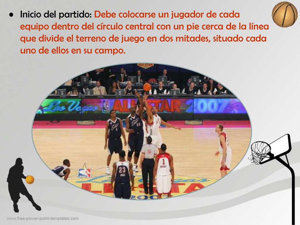 Inicio del partido: Debe colocarse un jugador de cada equipo dentro del círculo central con un pie cerca de la línea que divide el terreno de juego en dos mitades, situado cada uno de ellos en su campo.