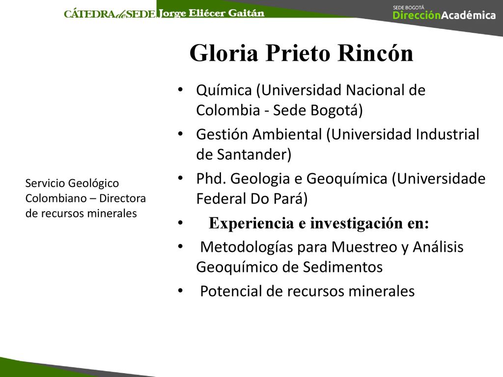 Gloria Prieto Rincón Química (Universidad Nacional de Colombia - Sede Bogotá) Gestión Ambiental (Universidad Industrial de Santander)