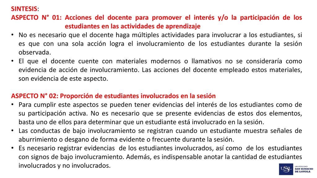 SINTESIS: ASPECTO N° 01: Acciones del docente para promover el interés y/o la participación de los estudiantes en las actividades de aprendizaje.