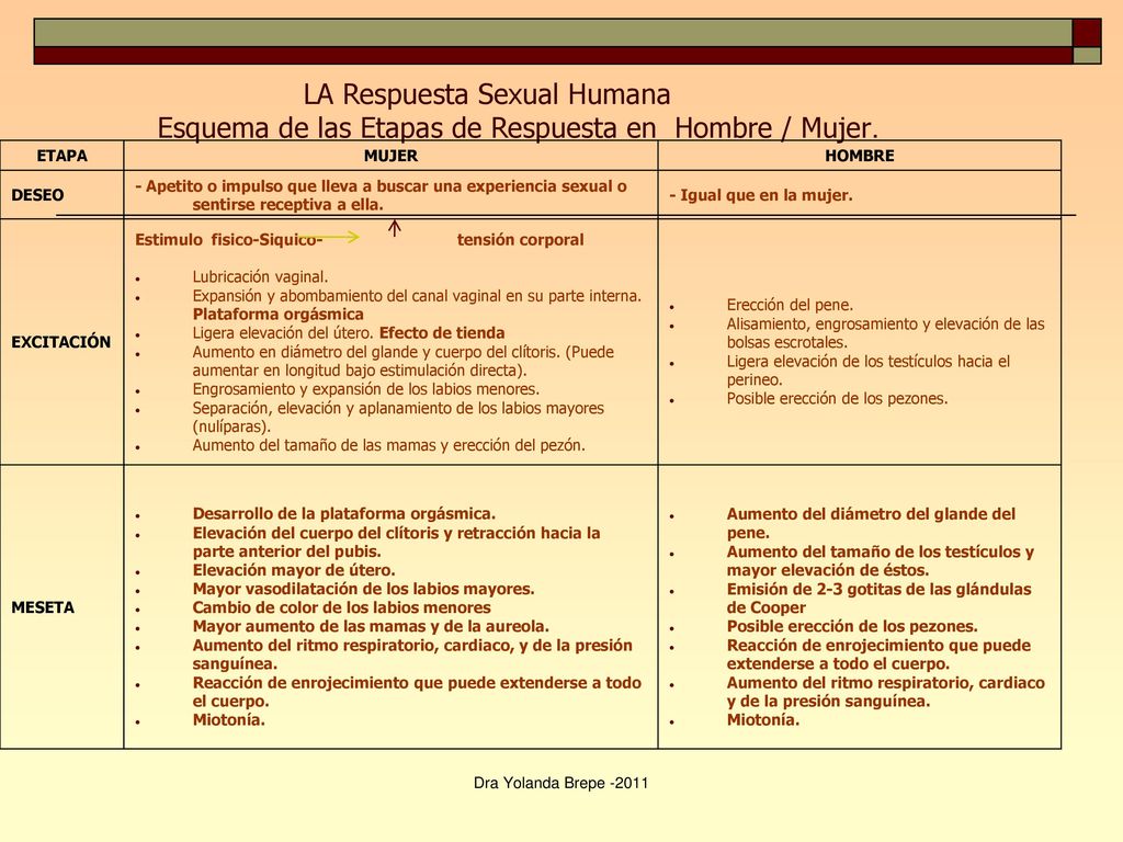 LA Respuesta Sexual Humana Esquema de las Etapas de Respuesta en Hombre / Mujer.