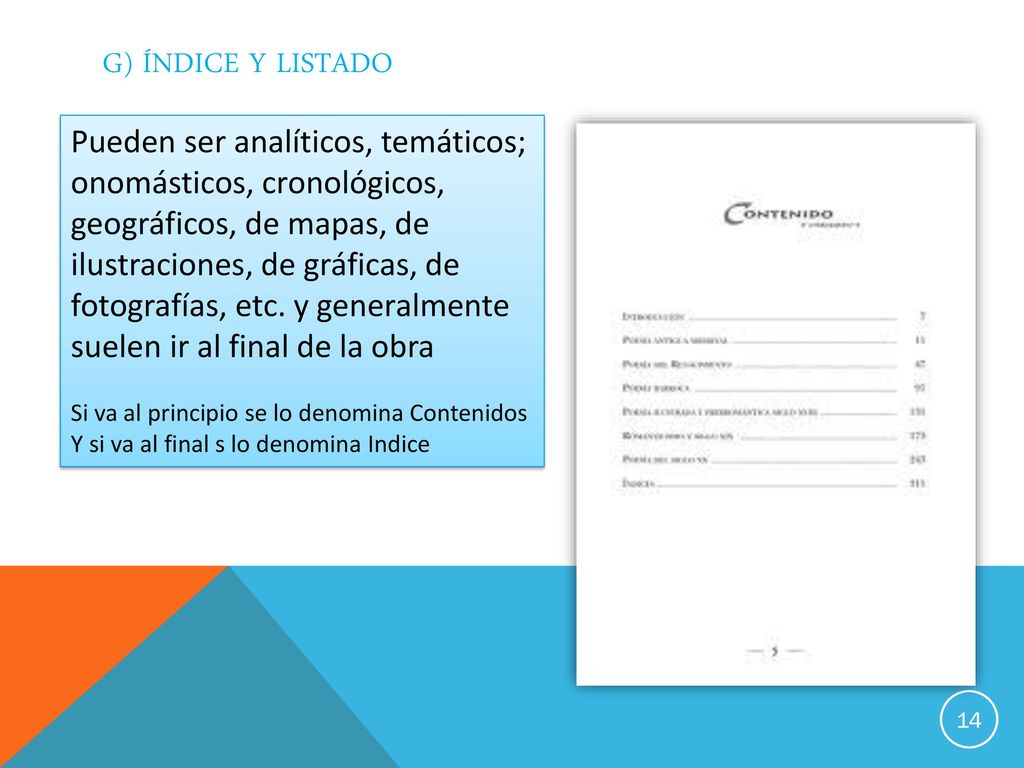 G) Índice y listado