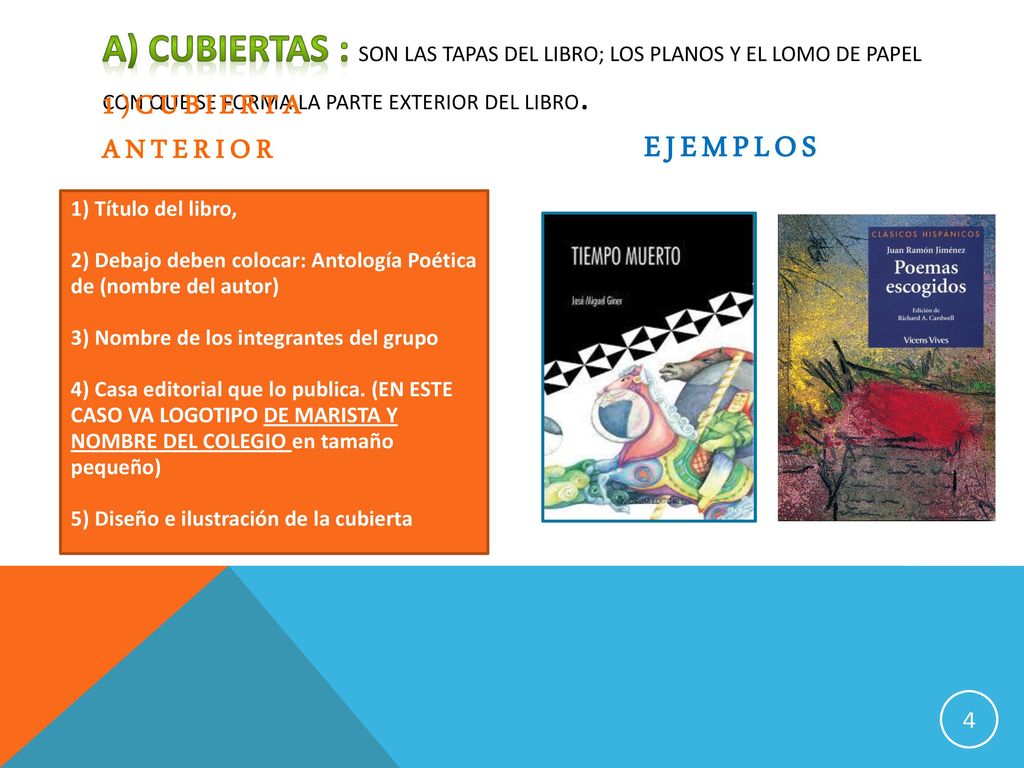 A) Cubiertas : Son las tapas del libro; los planos y el lomo de papel con que se forma la parte exterior del libro.