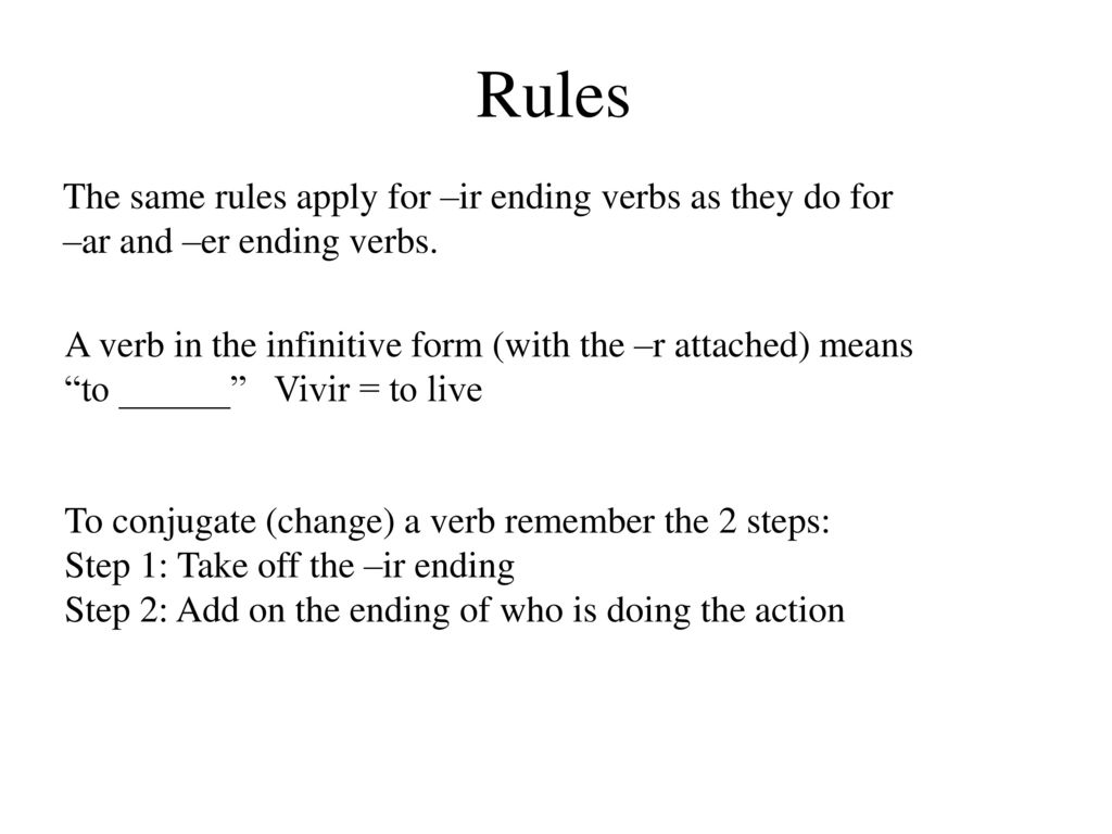 Rules The same rules apply for –ir ending verbs as they do for