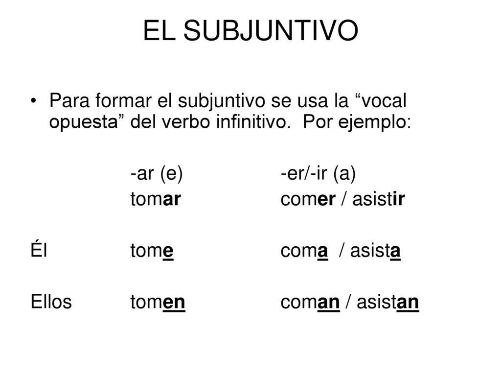 EL SUBJUNTIVO Para formar el subjuntivo se usa la vocal opuesta del verbo infinitivo. Por ejemplo: