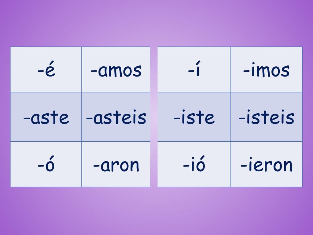 -é -amos -í -imos -aste -asteis -iste -isteis -ó -aron -ió -ieron