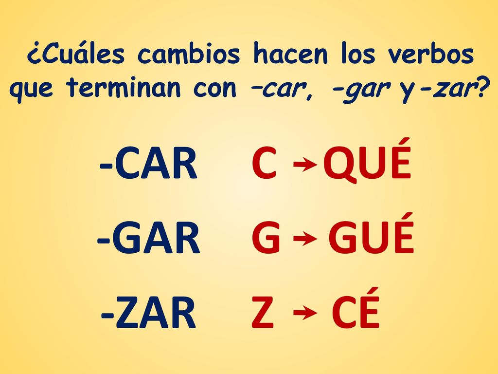 ¿Cuáles cambios hacen los verbos que terminan con –car, -gar y-zar