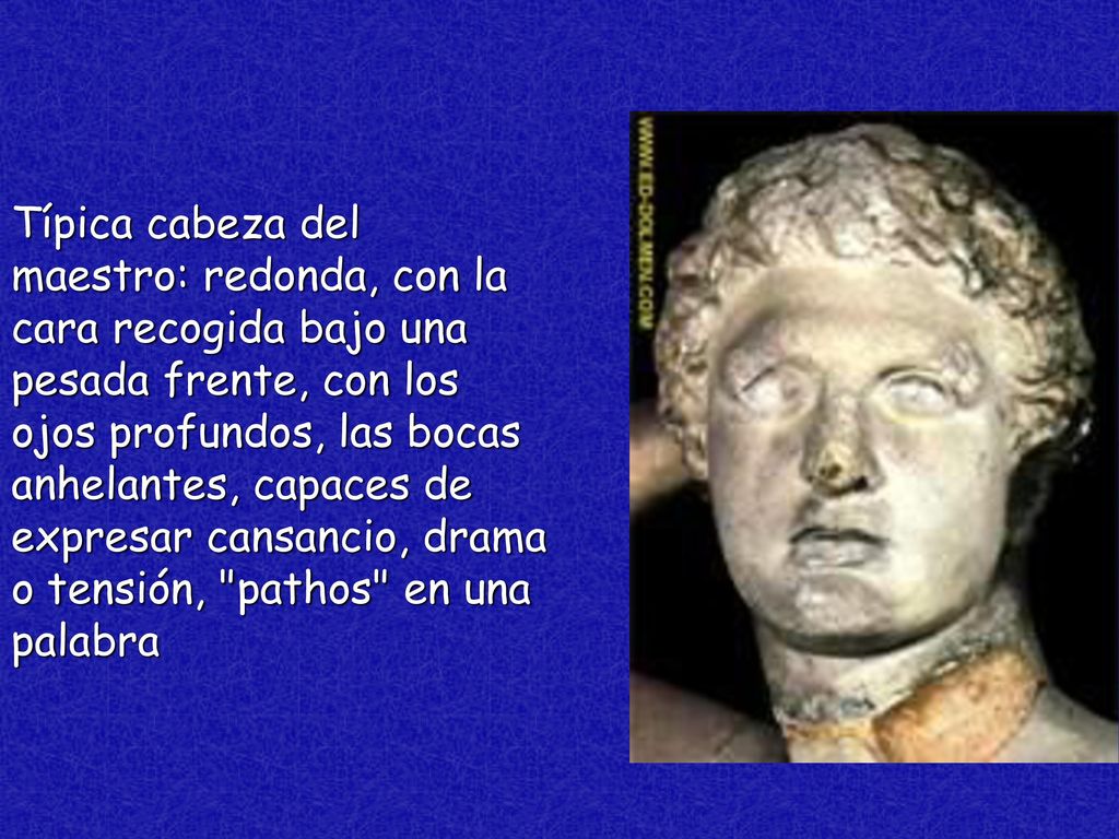 Típica cabeza del maestro: redonda, con la cara recogida bajo una pesada frente, con los ojos profundos, las bocas anhelantes, capaces de expresar cansancio, drama o tensión, pathos en una palabra