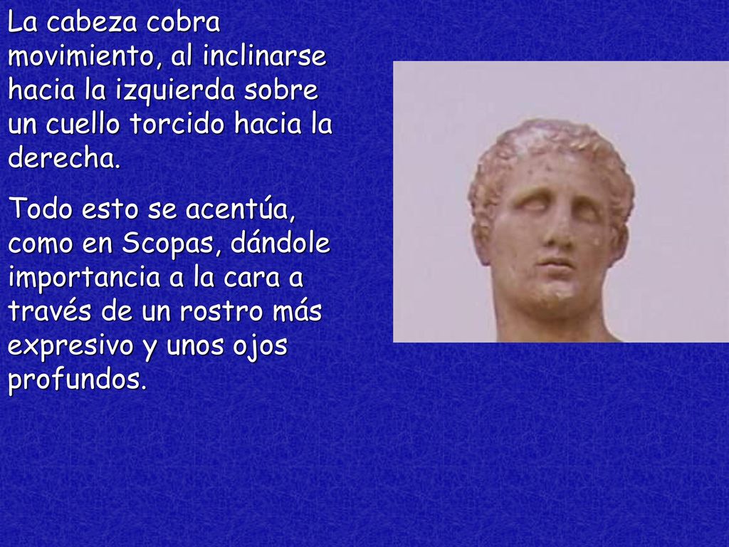 La cabeza cobra movimiento, al inclinarse hacia la izquierda sobre un cuello torcido hacia la derecha.