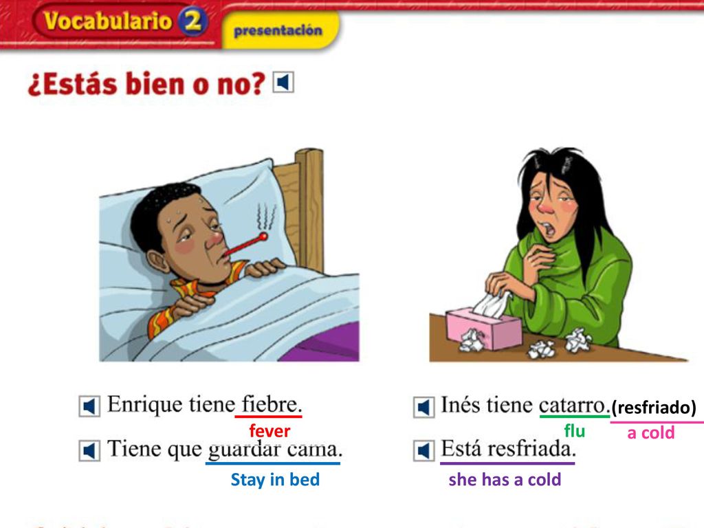 (resfriado) fever flu a cold Stay in bed she has a cold