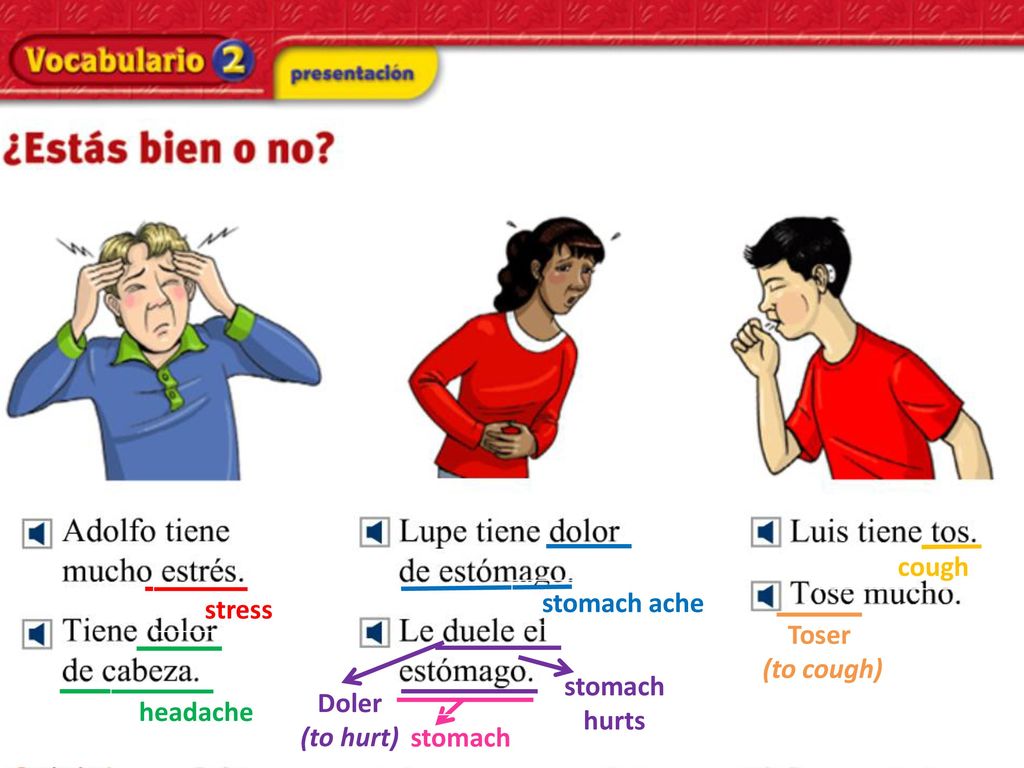 cough stress stomach ache Toser (to cough) stomach hurts Doler (to hurt) headache stomach