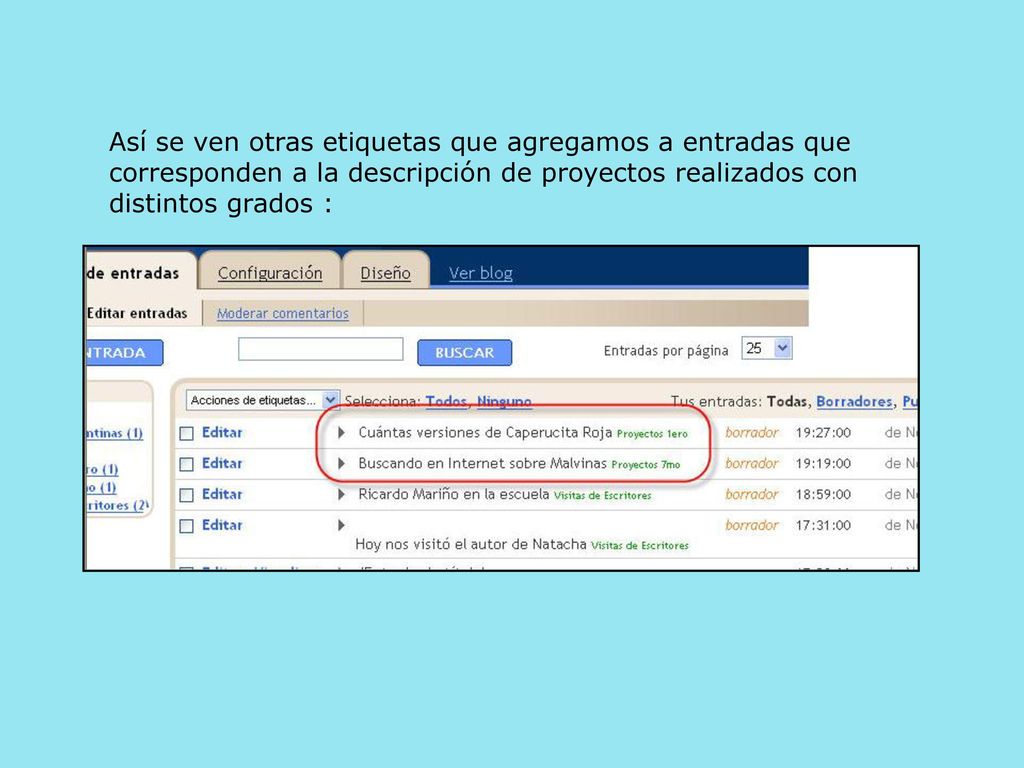 Así se ven otras etiquetas que agregamos a entradas que corresponden a la descripción de proyectos realizados con distintos grados :