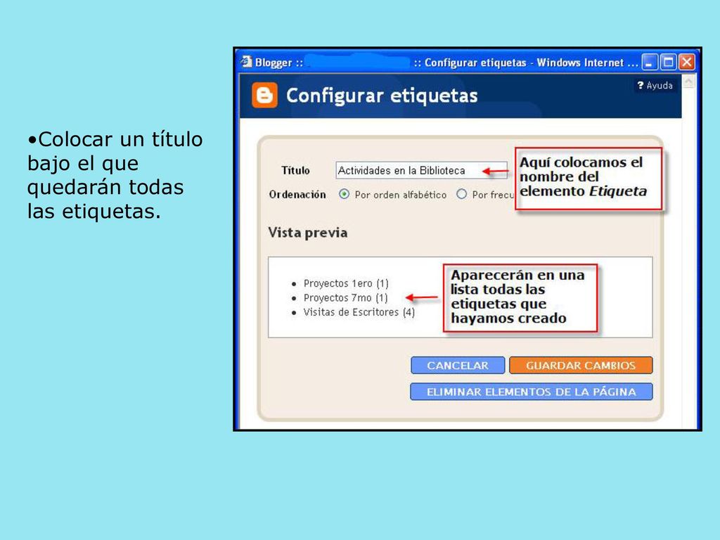 Colocar un título bajo el que quedarán todas las etiquetas.