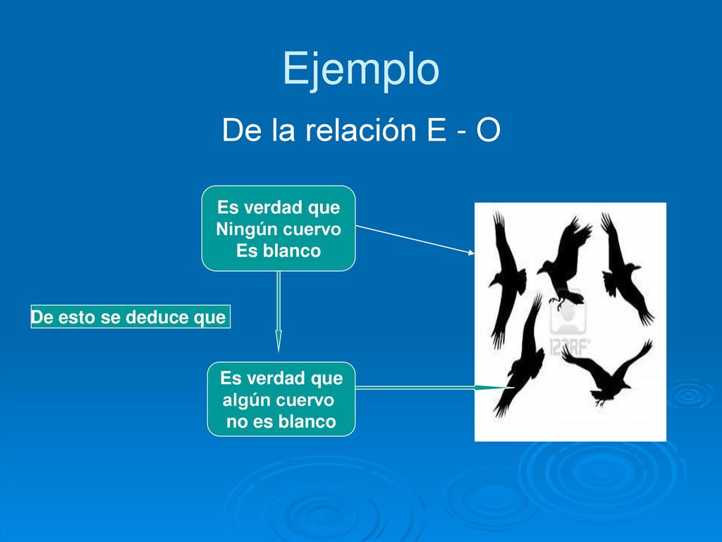 Ejemplo De la relación E - O Es verdad que Ningún cuervo Es blanco