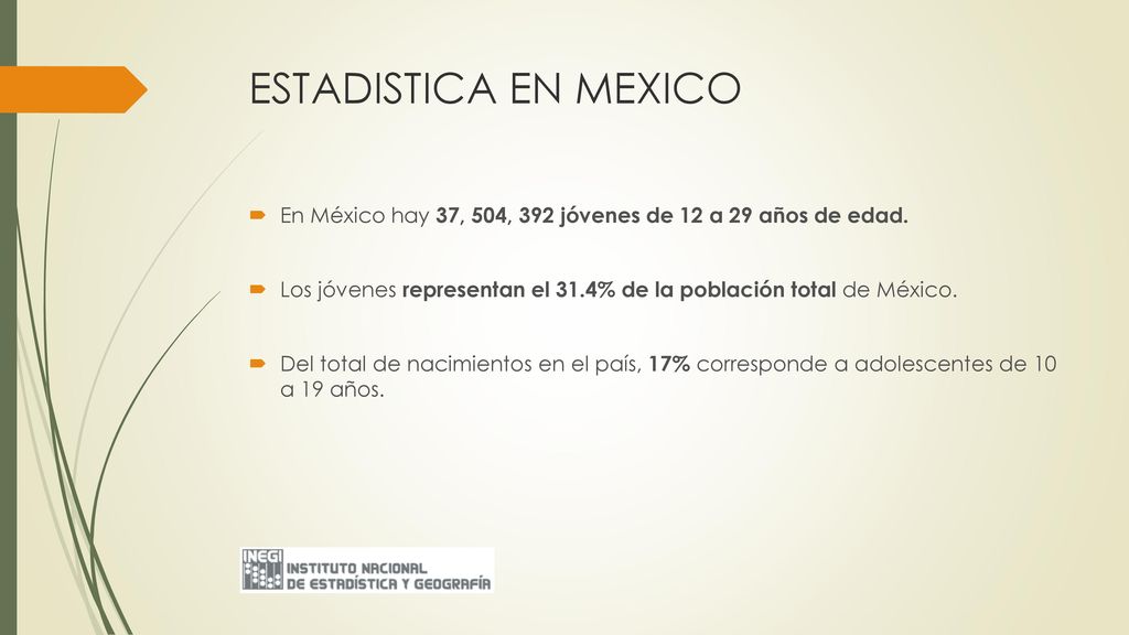ESTADISTICA EN MEXICO En México hay 37, 504, 392 jóvenes de 12 a 29 años de edad. Los jóvenes representan el 31.4% de la población total de México.