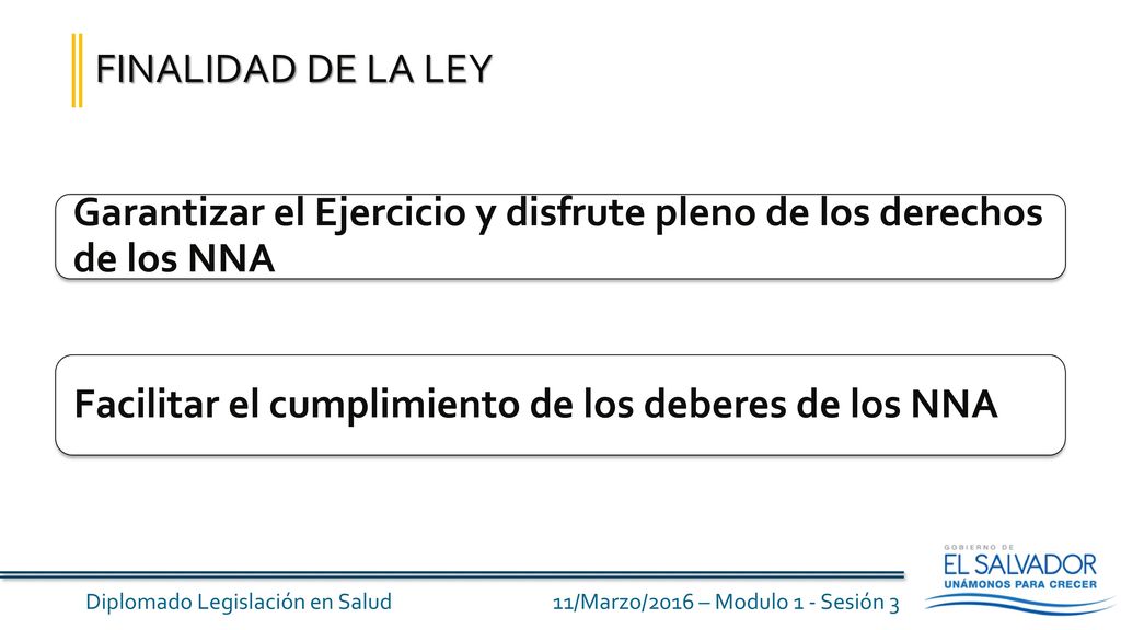 FINALIDAD DE LA LEY Garantizar el Ejercicio y disfrute pleno de los derechos de los NNA.
