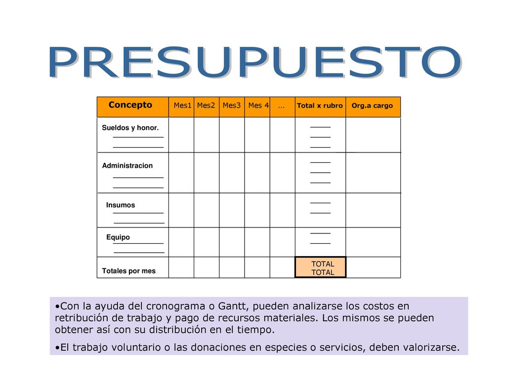 PRESUPUESTO Concepto. Mes1 Mes2 Mes3 Mes 4 … Total x rubro Org.a cargo. Sueldos y honor.