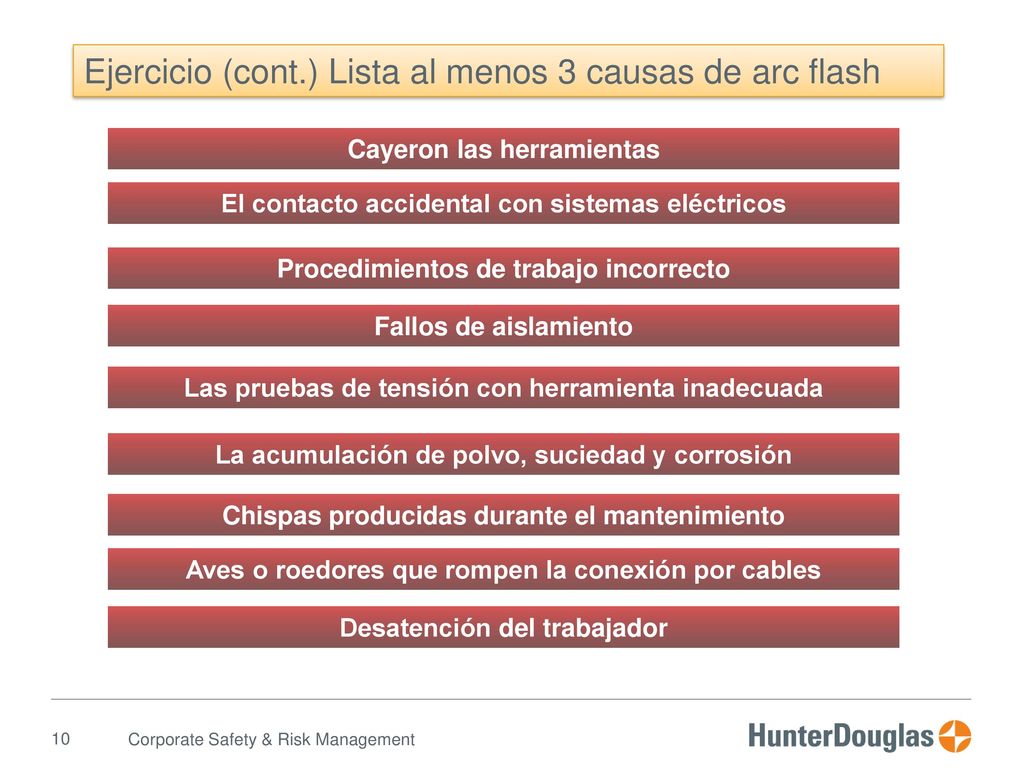 Ejercicio (cont.) Lista al menos 3 causas de arc flash