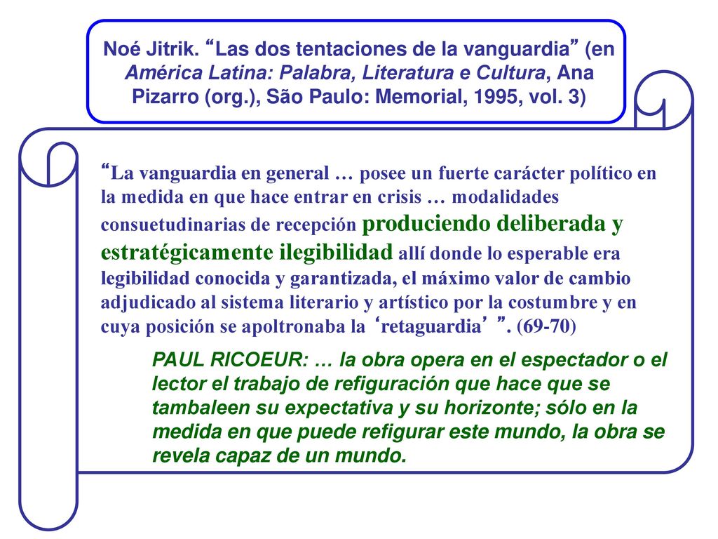 Noé Jitrik. Las dos tentaciones de la vanguardia (en América Latina: Palabra, Literatura e Cultura, Ana Pizarro (org.), São Paulo: Memorial, 1995, vol. 3)