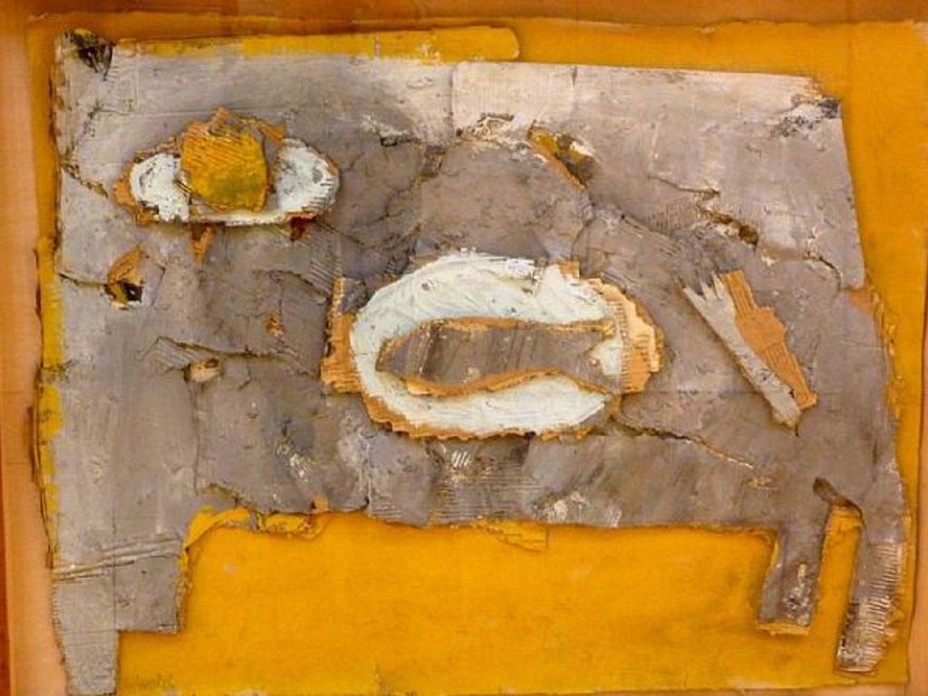 Barcelo. Collage con cartón pegado y pintado, pintor contemporáneo