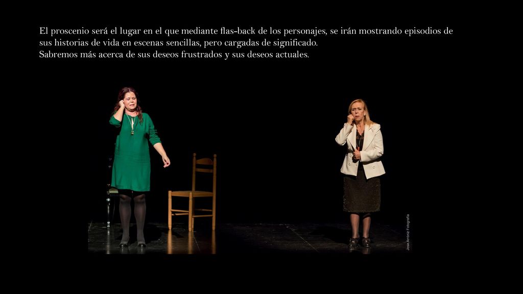 El proscenio será el lugar en el que mediante flas-back de los personajes, se irán mostrando episodios de sus historias de vida en escenas sencillas, pero cargadas de significado.