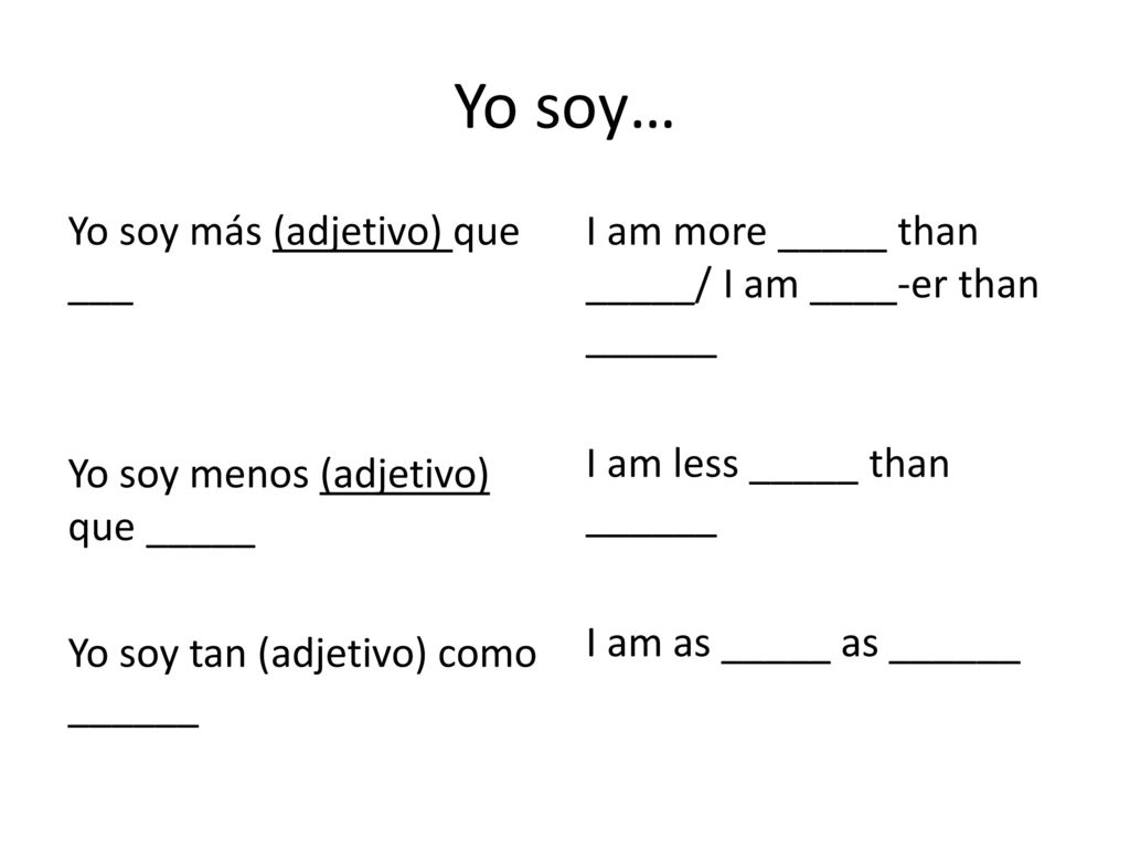 Yo soy… Yo soy más (adjetivo) que ___ Yo soy menos (adjetivo) que _____ Yo soy tan (adjetivo) como ______