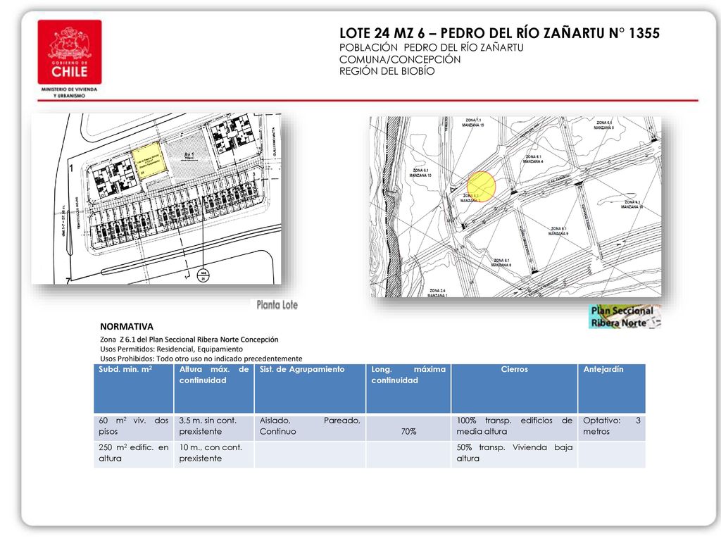 LOTE 24 MZ 6 – PEDRO DEL RÍO ZAÑARTU N° 1355 POBLACIÓN PEDRO DEL RÍO ZAÑARTU COMUNA/CONCEPCIÓN REGIÓN DEL BIOBÍO