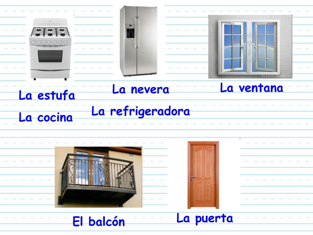 La nevera La refrigeradora La ventana La estufa La cocina La puerta El balcón