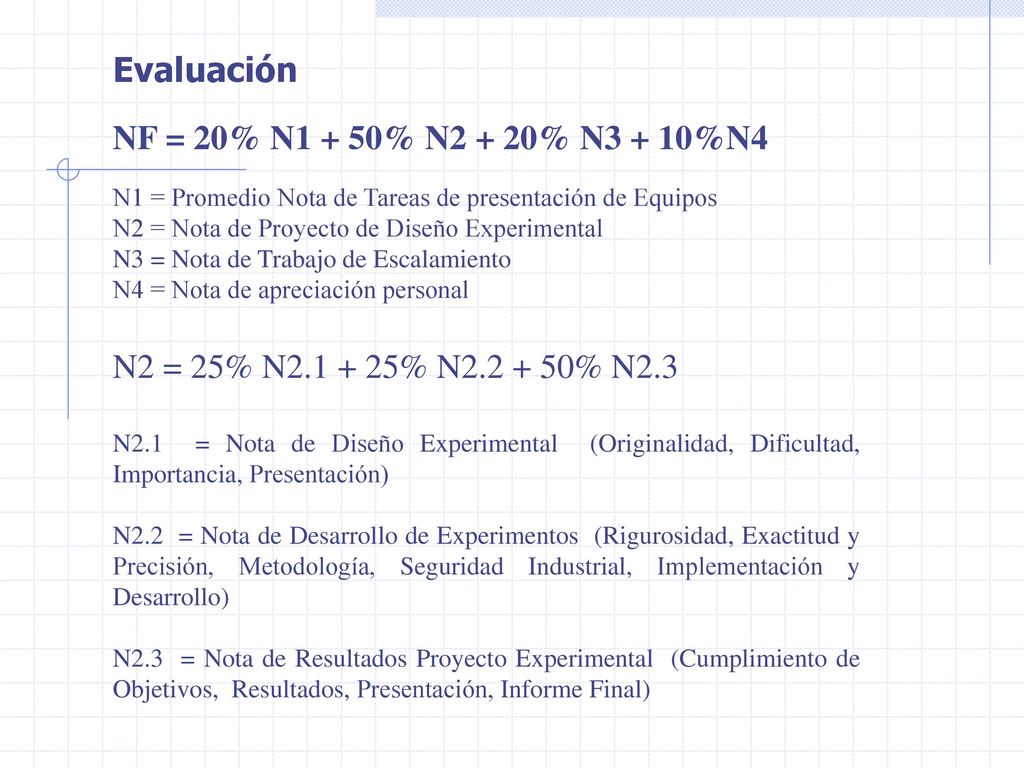 Evaluación NF = 20% N1 + 50% N2 + 20% N3 + 10%N4